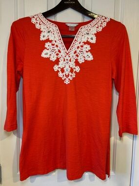 Peter Nygard Red Tunic with White Embroidery and Rhinestone V-Neck